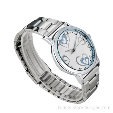 New Lady Heart & Heart Print Solid Stainless Steel Quartz Watch with Metal Watchband (White)